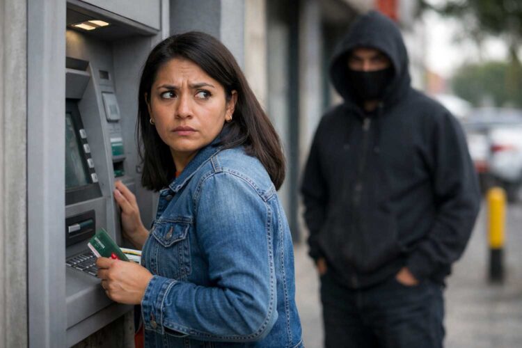 una mujer en un cajero automático con cara asustada es observada por un hombre encapuchado
