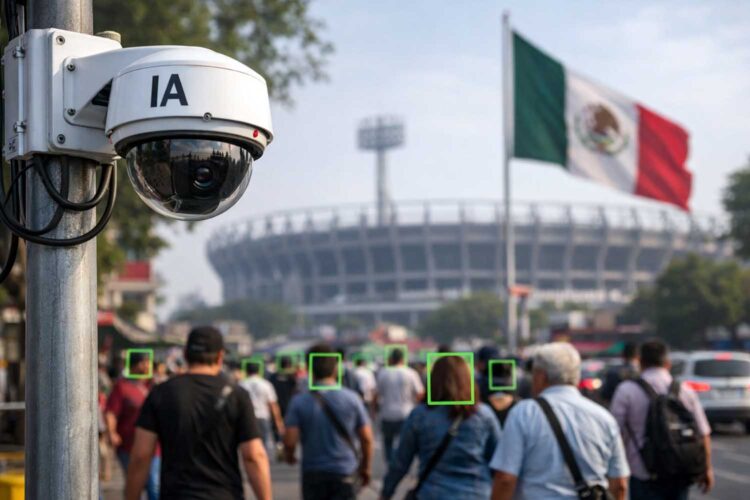 una cámara de videovigilancia con inteligencia artificial junto a un estado de fútbol de México