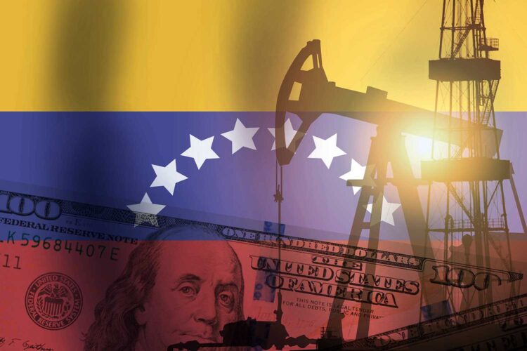 Bandera de Venezuela con una infraestructura de extracción de petróleo y un billete de 100 dólares