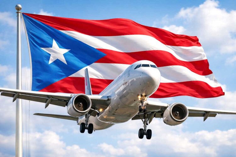 un avión comercial de pasajeros y la bandera de Puerto Rico