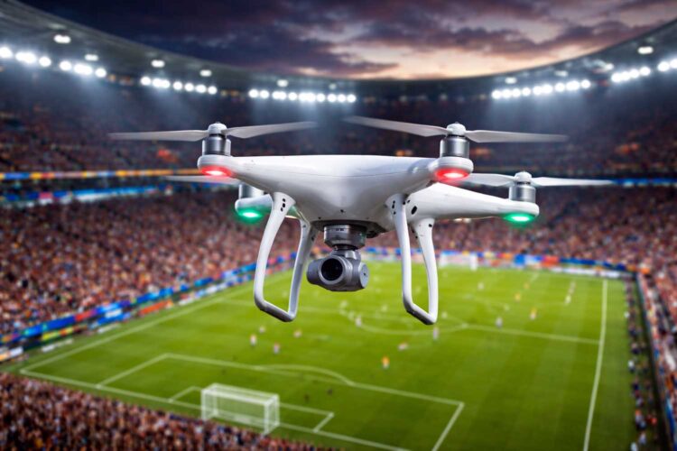 un dron sobrevuela un estadio de fútbol