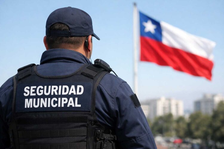 un policía municipal junto a la bandera de Chile