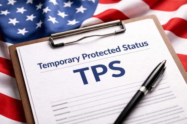 un formulario del Estatus de Protección Temporal (TPS) junto a una bandera de Estados Unidos