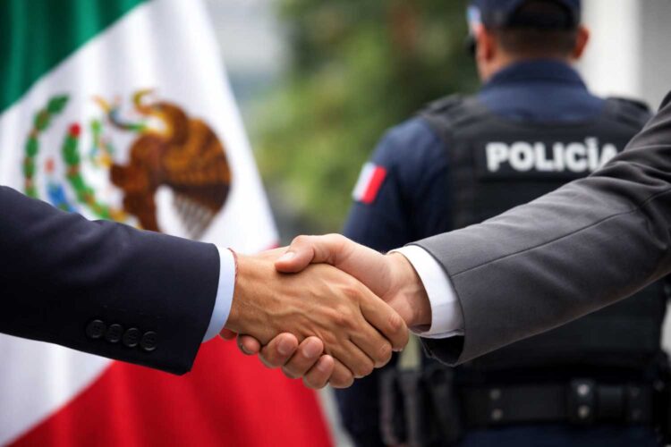 Dos hombres se dan la mano. Tras ellos, un policía y la bandera de México