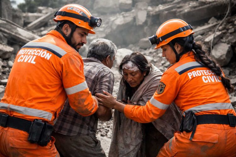 miembros de Protección Civil ayudan a dos víctimas de un sismo