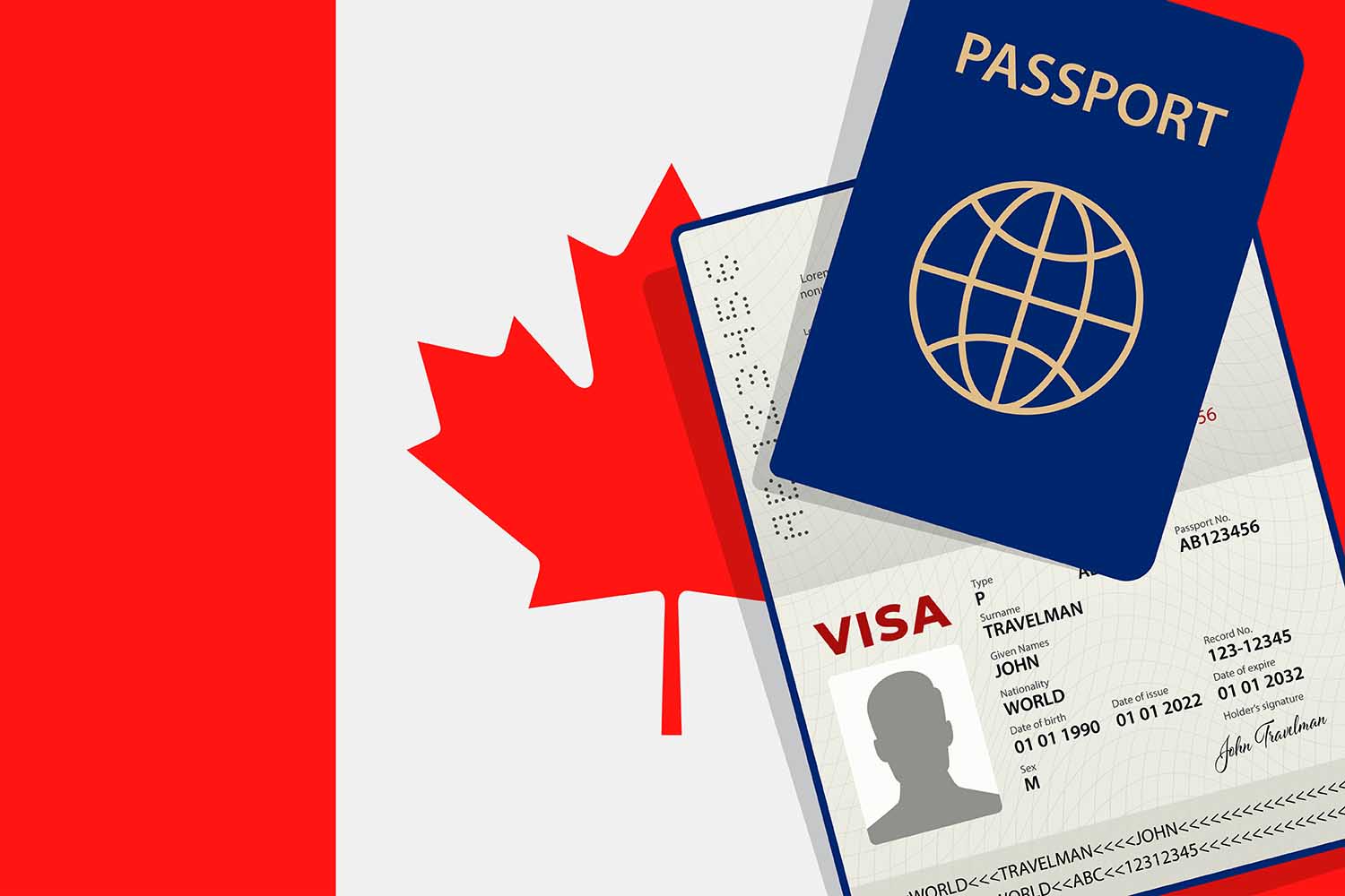 pasaporte y visa sobre la bandera de Canadá