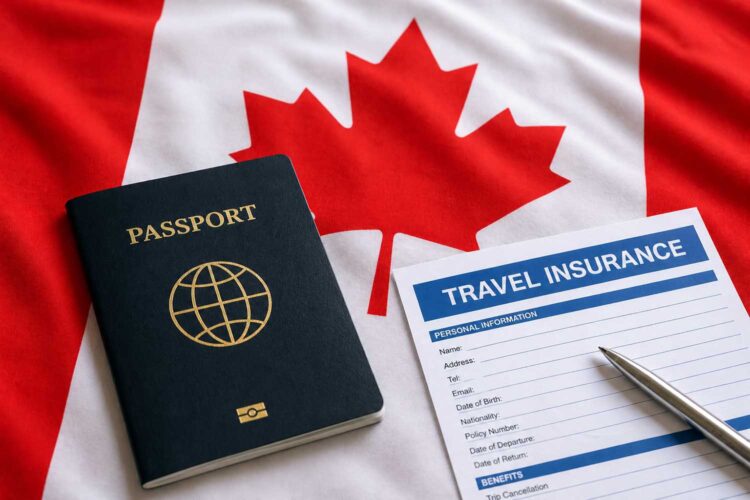 una bandera de Canadá con un pasaporte y un seguro de viaje