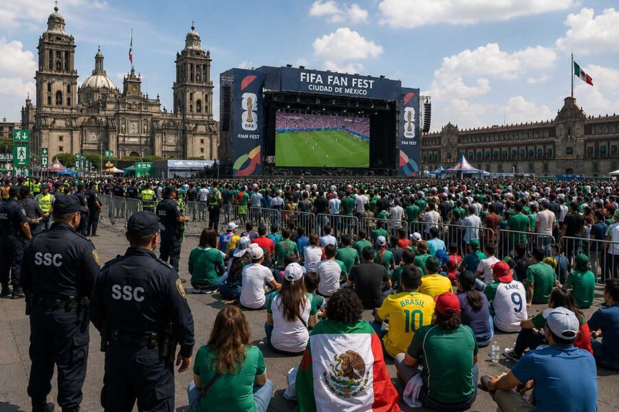 aficionados ven un partido de fútbol en el Zócalo de la Ciudad de México